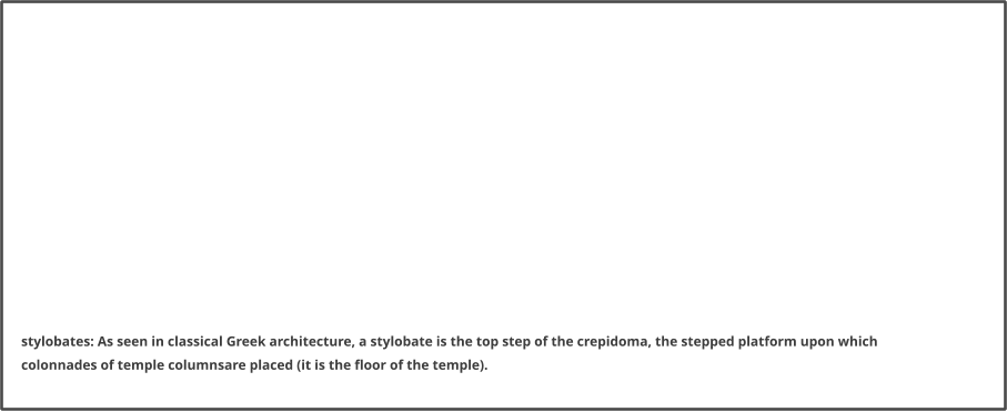 stylobates: As seen in classical Greek architecture, a stylobate is the top step of the crepidoma, the stepped platform upon which colonnades of temple columnsare placed (it is the floor of the temple).