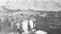 Unloading supplies on Attu's Massacre Bay beach, 13 May 1943. [Provided by P. Clancey]