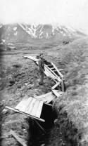 Mac McBride standing near a Japanese covered trench.  [Elbert McBride]