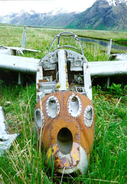Attu; P-38 crash site. Aircraft intact, guns have been removed.  [Philip Nell]