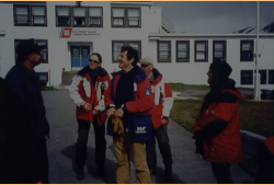 Film crew from New Zealand and writer/director Beth Harrington representing Oregon Public TV standing in front of LORAN Station.  [Russ Marvin]