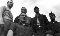 Attu, July 1945. Danny, Brown, Brodie, Parker, and Eaton (in front of Brown). [Robert Brodie]