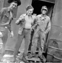 On Attu. Acting up in front of our hut. L-R: Luke, Cash, and Al. [Al Gloeckler]