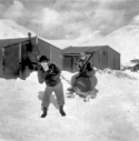 Anthony Cash pulling a sled bringing fuel oil to the hut for our stove on Attu.  [Al Gloeckler]