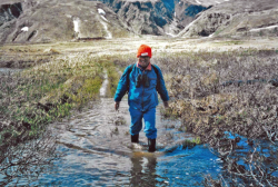 Vince Nguyen hiking on trail out to Chichagof Harbor. Rubber boots are a necessity on Attu.  [Russ Marvin]