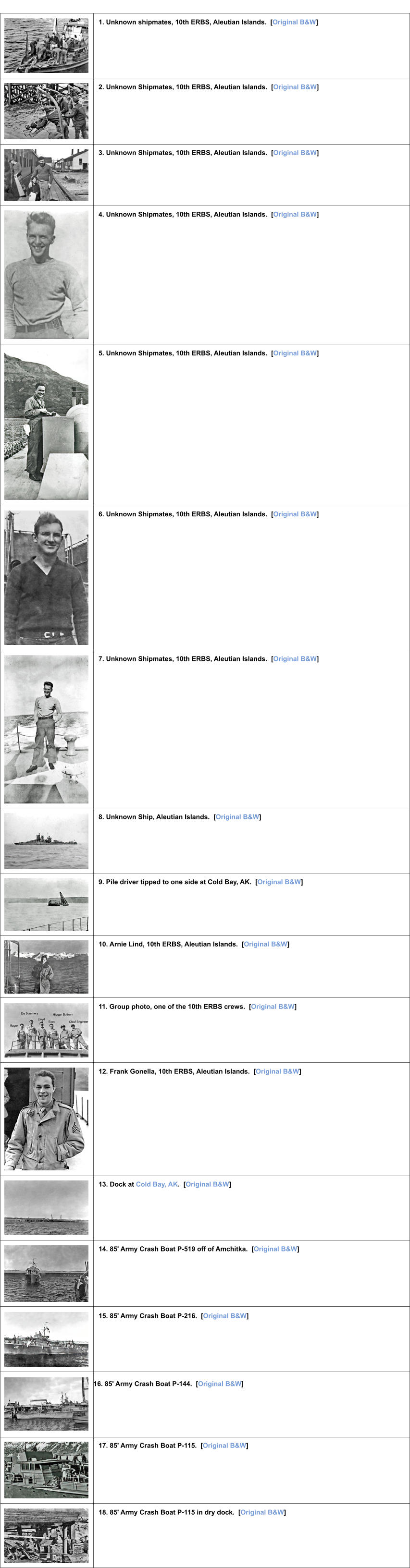 1. Unknown shipmates, 10th ERBS, Aleutian Islands.  [Original B&W] 2. Unknown Shipmates, 10th ERBS, Aleutian Islands.  [Original B&W] 3. Unknown Shipmates, 10th ERBS, Aleutian Islands.  [Original B&W] 4. Unknown Shipmates, 10th ERBS, Aleutian Islands.  [Original B&W] 5. Unknown Shipmates, 10th ERBS, Aleutian Islands.  [Original B&W] 6. Unknown Shipmates, 10th ERBS, Aleutian Islands.  [Original B&W] 7. Unknown Shipmates, 10th ERBS, Aleutian Islands.  [Original B&W] 8. Unknown Ship, Aleutian Islands.  [Original B&W] 9. Pile driver tipped to one side at Cold Bay, AK.  [Original B&W] 10. Arnie Lind, 10th ERBS, Aleutian Islands.  [Original B&W] 11. Group photo, one of the 10th ERBS crews.  [Original B&W] 12. Frank Gonella, 10th ERBS, Aleutian Islands.  [Original B&W] 13. Dock at Cold Bay, AK.  [Original B&W] 14. 85' Army Crash Boat P-519 off of Amchitka.  [Original B&W] 15. 85' Army Crash Boat P-216.  [Original B&W] 16. 85' Army Crash Boat P-144.  [Original B&W] 17. 85' Army Crash Boat P-115.  [Original B&W] 18. 85' Army Crash Boat P-115 in dry dock.  [Original B&W]