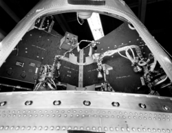 [33816: 11/03/58] Instrument panels are made out of plywood. Developed honeycomb aluminum, R&D Warhead early in program. Two cutouts show 2ea antennas telemetry.  [CCMD, Ed May]