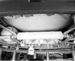 [33824: 11/03/58] Looking at the bottom of the G&C package. Sphere is fiberglass for high pressure air, tested to 7500psi, Flight Tested to 3,000 psi. Spatial Directional Countrol.  [CCMD, Ed May]