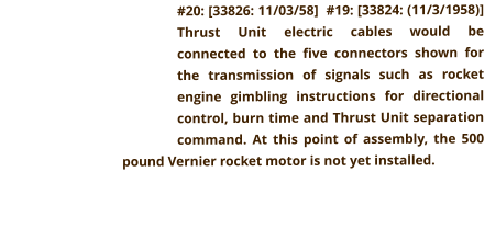 #20: [33826: 11/03/58]  #19: [33824: (11/3/1958)] Thrust Unit electric cables would be connected to the five connectors shown for the transmission of signals such as rocket engine gimbling instructions for directional control, burn time and Thrust Unit separation command. At this point of assembly, the 500 pound Vernier rocket motor is not yet installed.