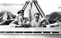 (L-R) Skipper (Bill) Wilber Green and two crewmen, Axel Nelson and Bill Johnson, onboard the P-510 during its trial run out of Long Beach, CA.  [Bill Green]