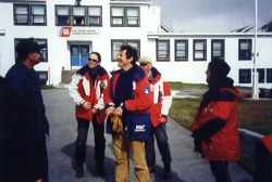 Film crew from New Zealand and writer/director Beth Harrington representing Oregon Public TV standing in front of LORAN Station.  [Russ Marvin]