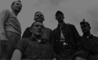 Attu, July 1945. Danny, Brown, Brodie, Parker, and Eaton (in front of Brown). [Robert Brodie]