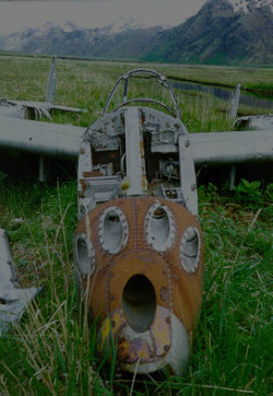 Attu; P-38 crash site. Aircraft intact, guns have been removed.  [Philip Nell]