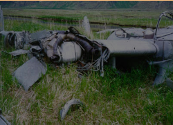 Attu; P-38 Crash Site. Wingtips and props have been removed.  [Philip Nell]