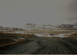 Road leading to the Warehouse; yellow pipe is the refueling pipe from the beach to the fuel farm.  [Kevin Mackey]