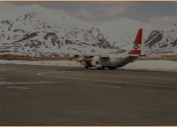 A C-130 Logistics Flight taxiing down the runway preparing for takeoff.  {Kevin Mackey]