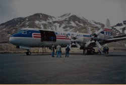 Reeve Aleutian Airways L-188 Lockheed Electra N178RV on Attu.  [Russ Marvin]