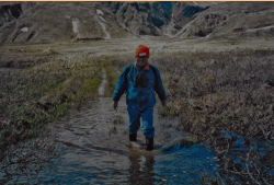 Vince Nguyen hiking on trail out to Chichagof Harbor. Rubber boots are a necessity on Attu.  [Russ Marvin]