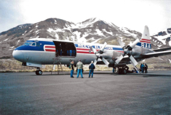 Reeve Aleutian Airways L-188 Lockheed Electra N178RV on Attu.  [Russ Marvin]